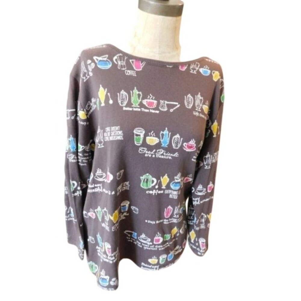 Cactus Size XL Coffee Themed Bling Long Sleeve Knit Top NWT